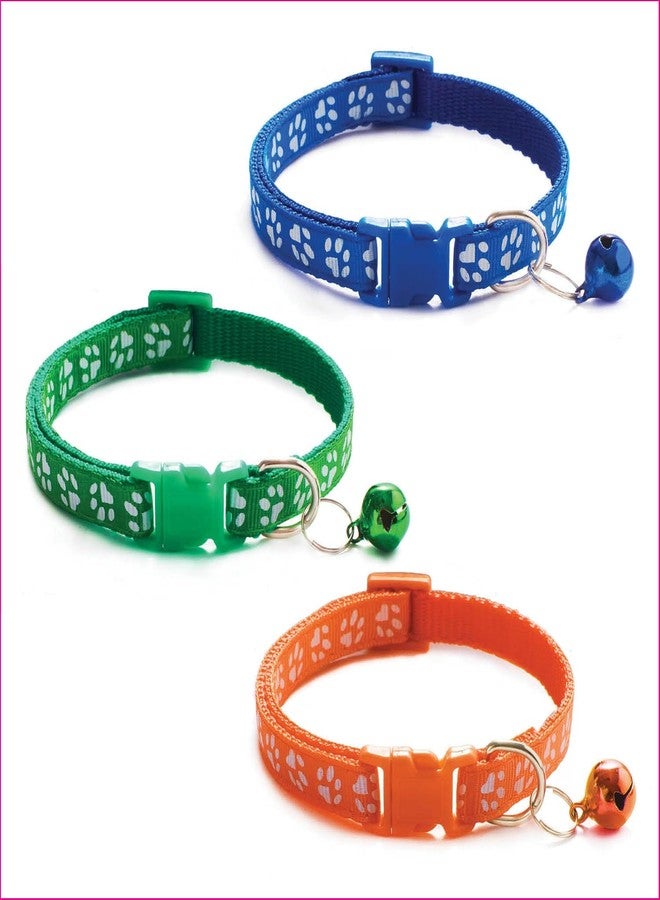 Litvibes Cat Collars Set Of 3 With Bell,Kitten & Small Dogs Soft Adjustable Collar Safe,Solid & Protection Breakaway For Cats & Puppies,Cute Kitty Neckband With Paw Print-(Orange,Dark Blue,Dark Green) - Image 1